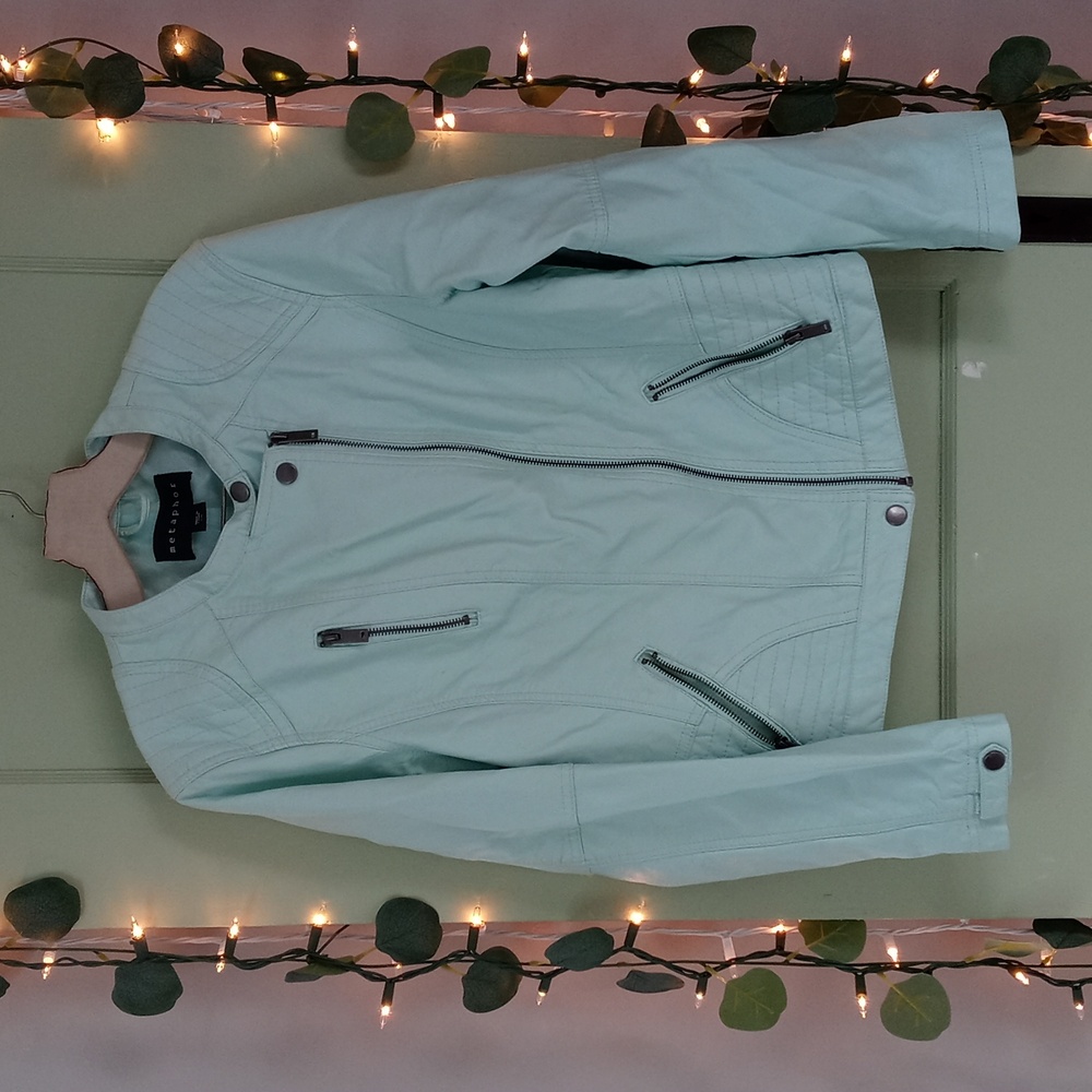 Women's Metaphor seafoam minty faux leather crew neck jacket Large